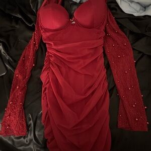 Oh Polly Red Mini Dress with Beaded Sleeves